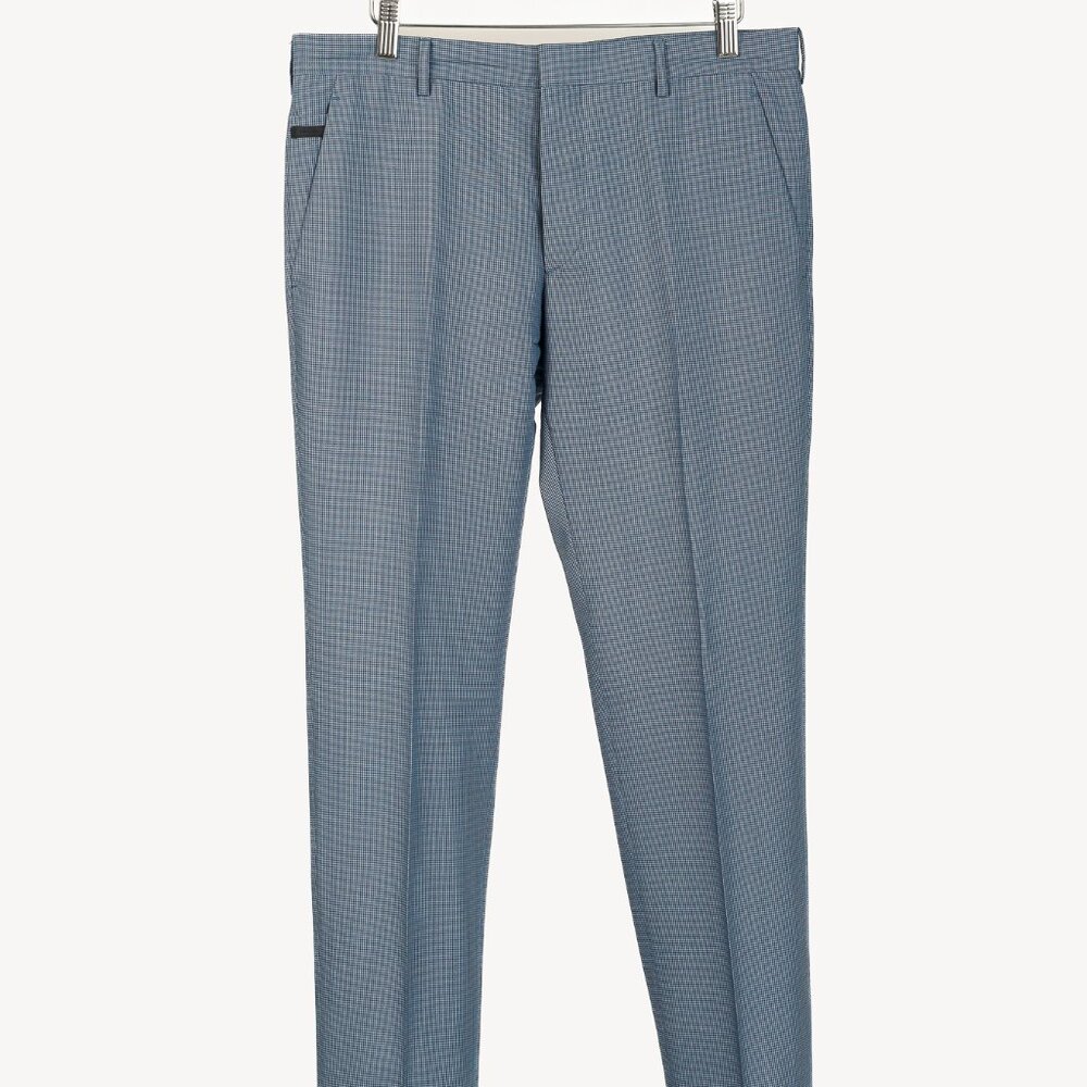 Prada Blue-Micro-Houndstooth Virgin Wool-Suiting Cuffed Trousers